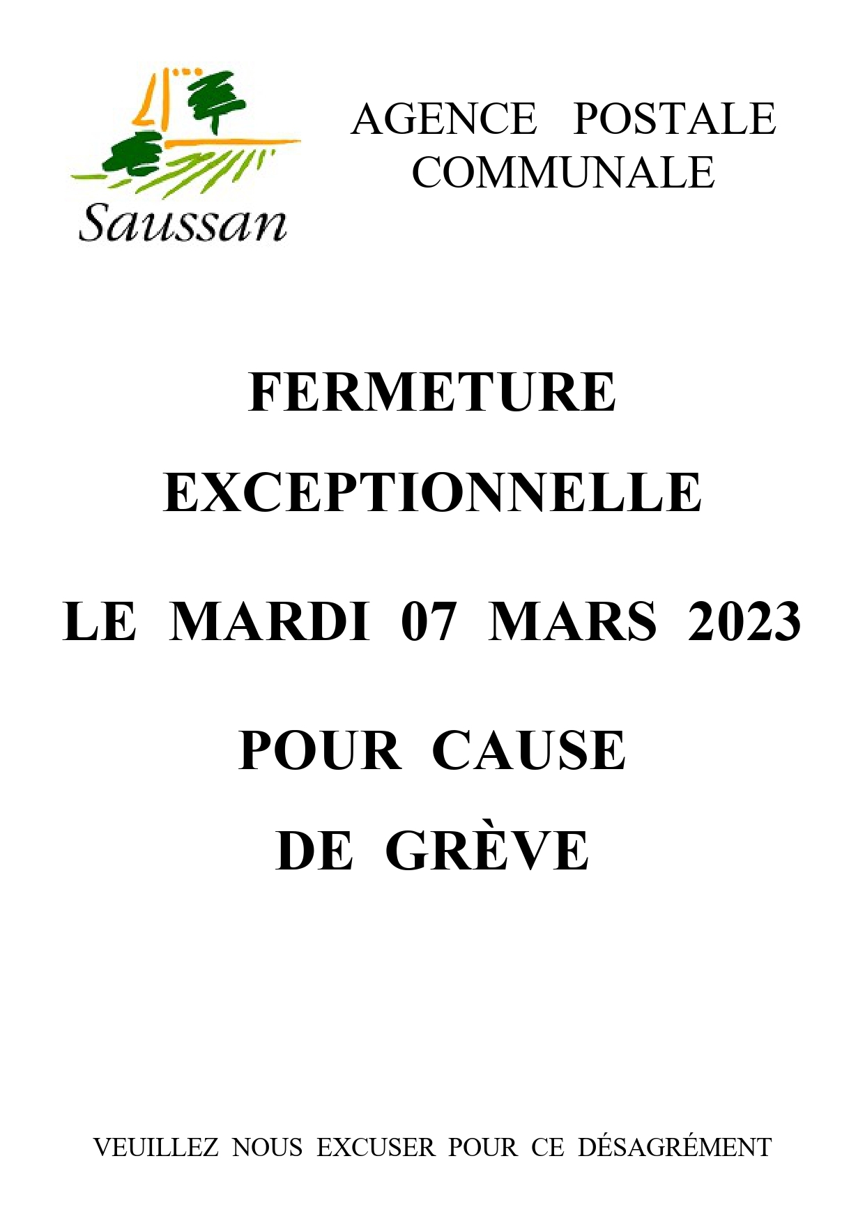 Fermeture exceptionnelle de la Poste 7 Mars 2023