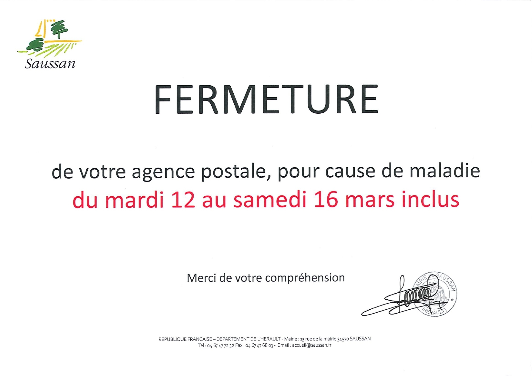 fermeture poste du 12 au 16 mars