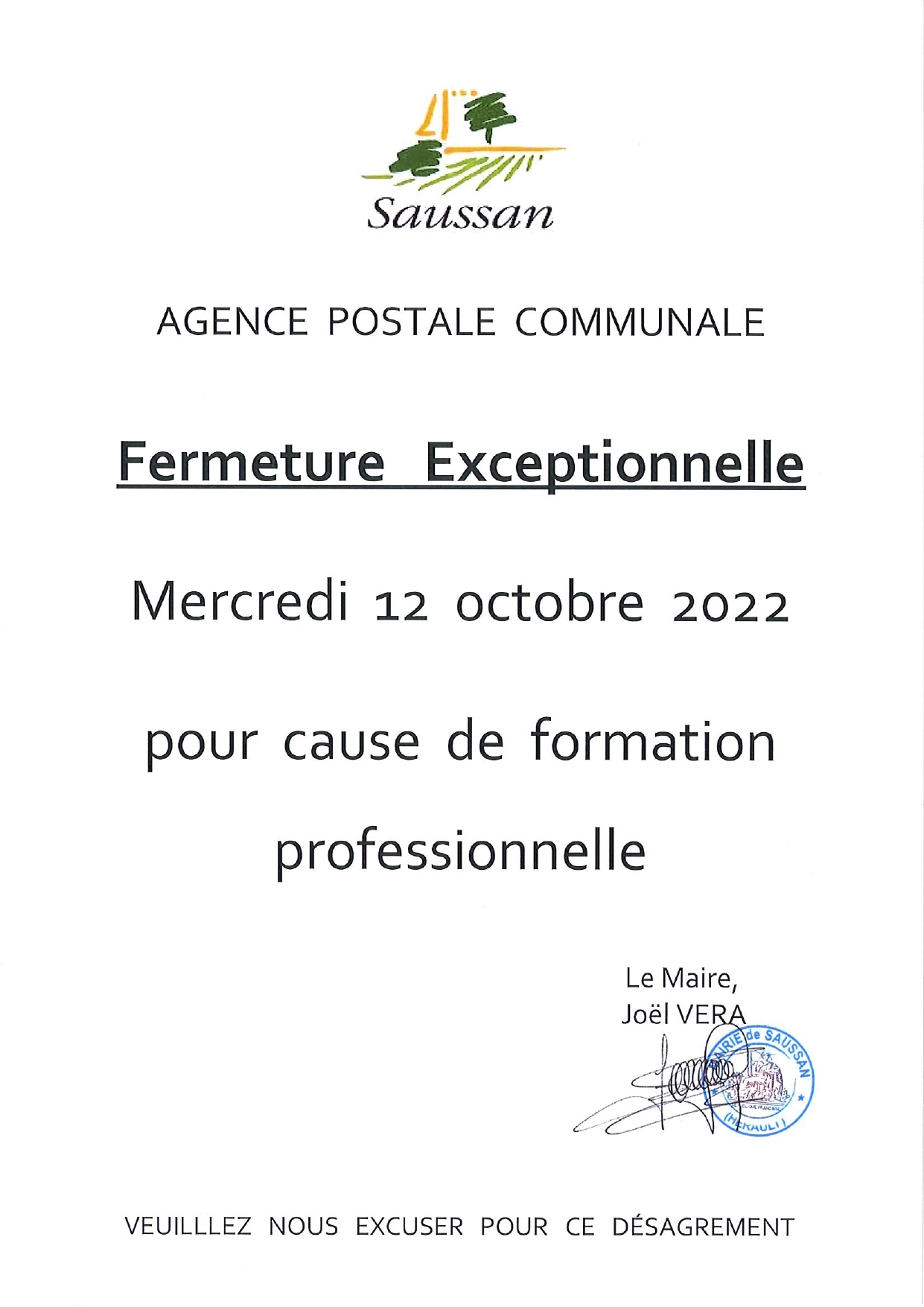 Fermeture exceptionnelle poste oct 2022