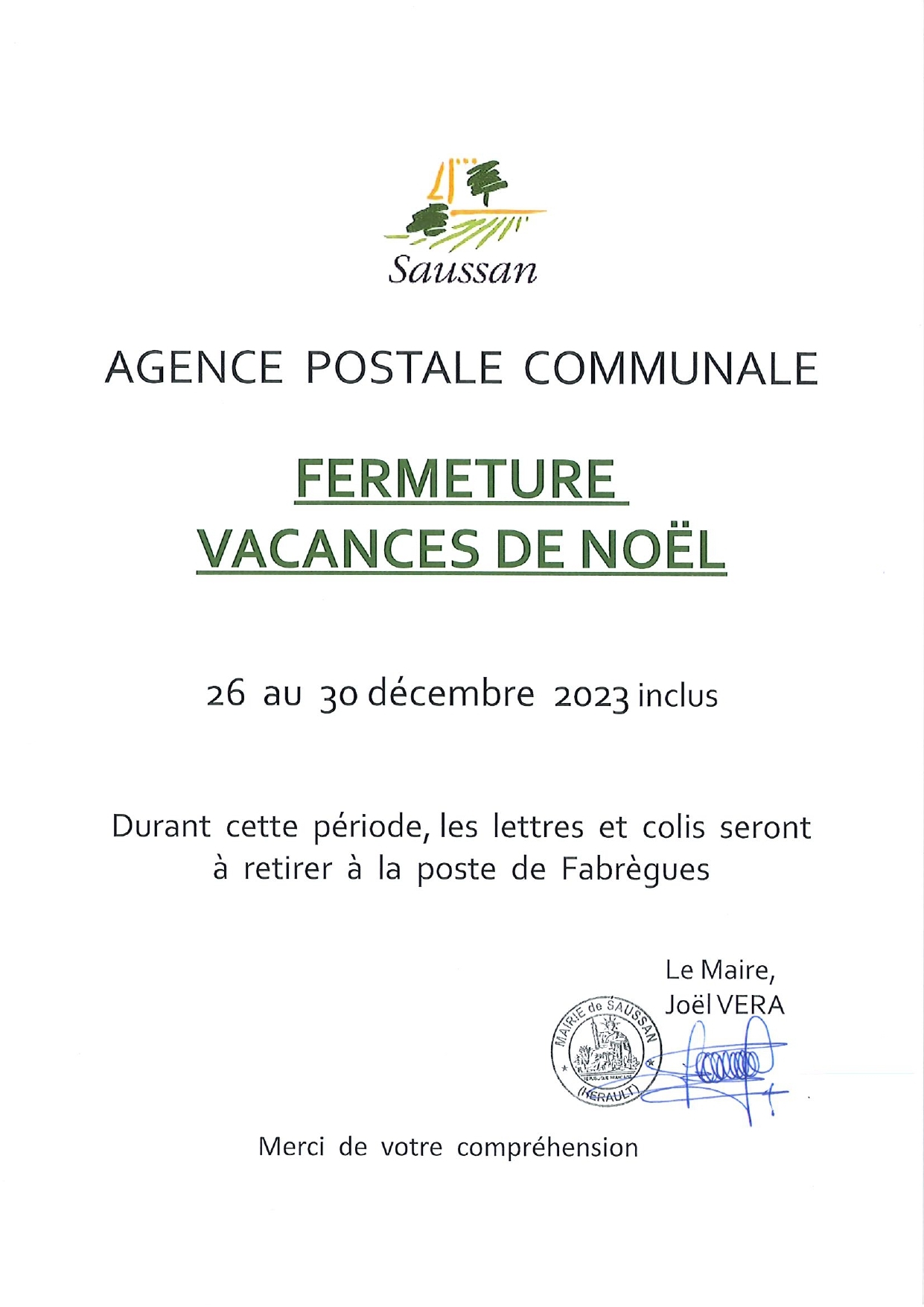 Fermeture poste Noël 2023