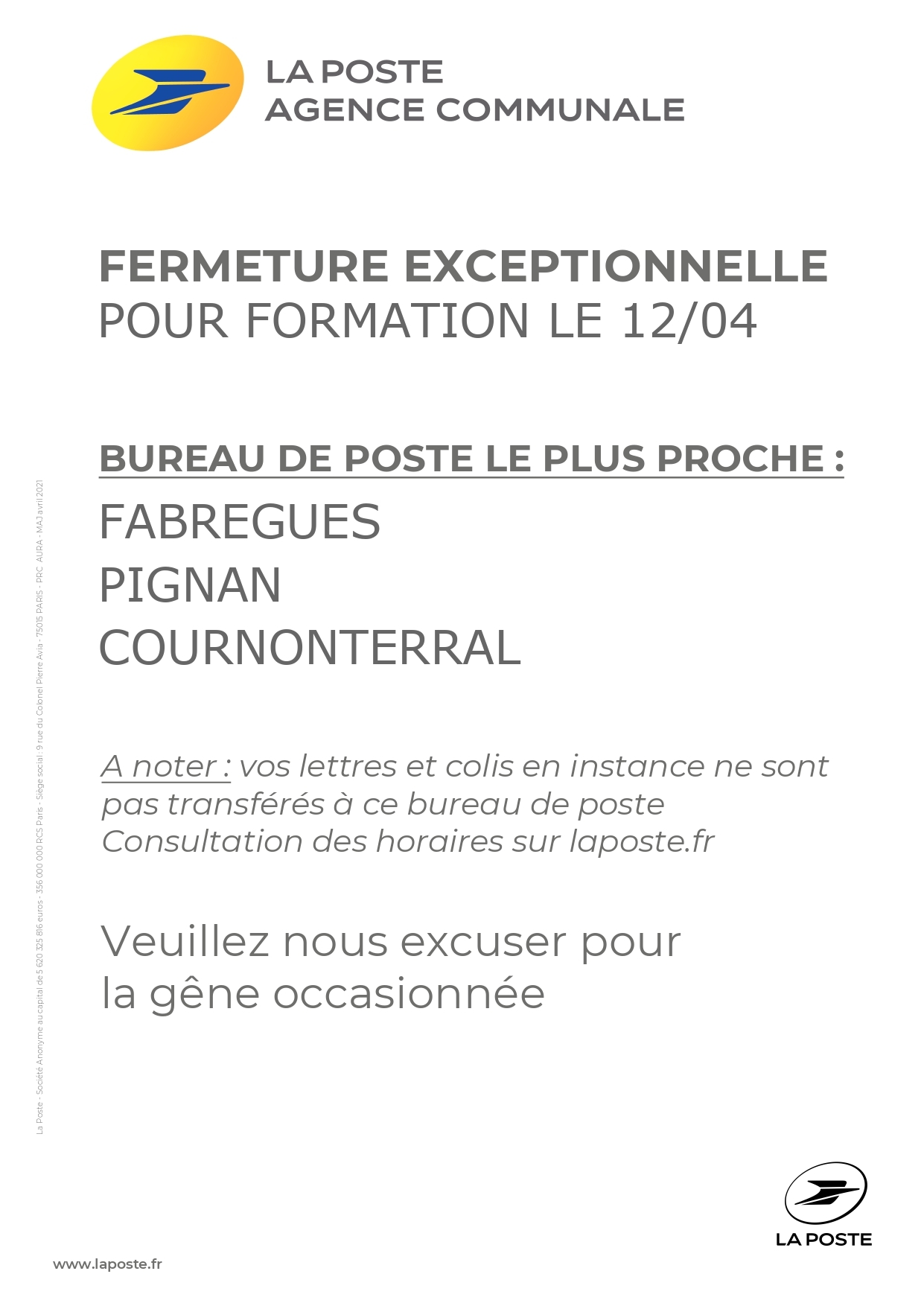 Fermeture exceptionnelle de la Poste 12 avril 23