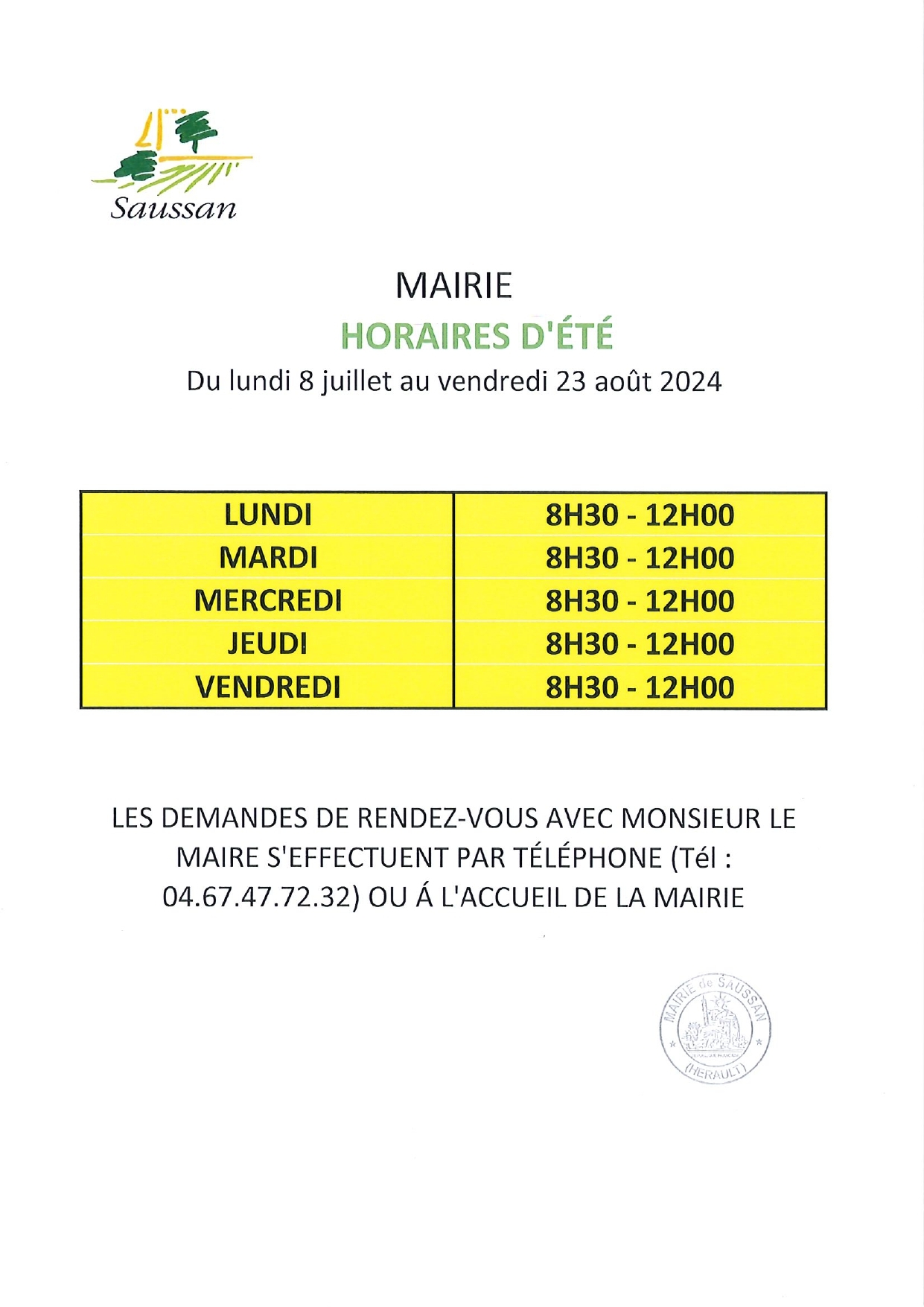 Horaire été mairie 2024