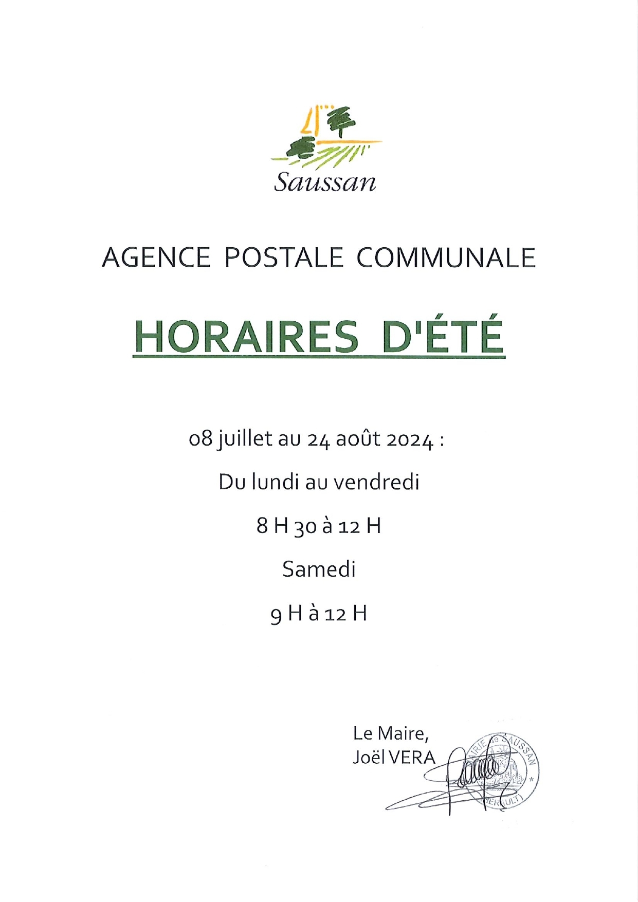 Horaire été poste 2024