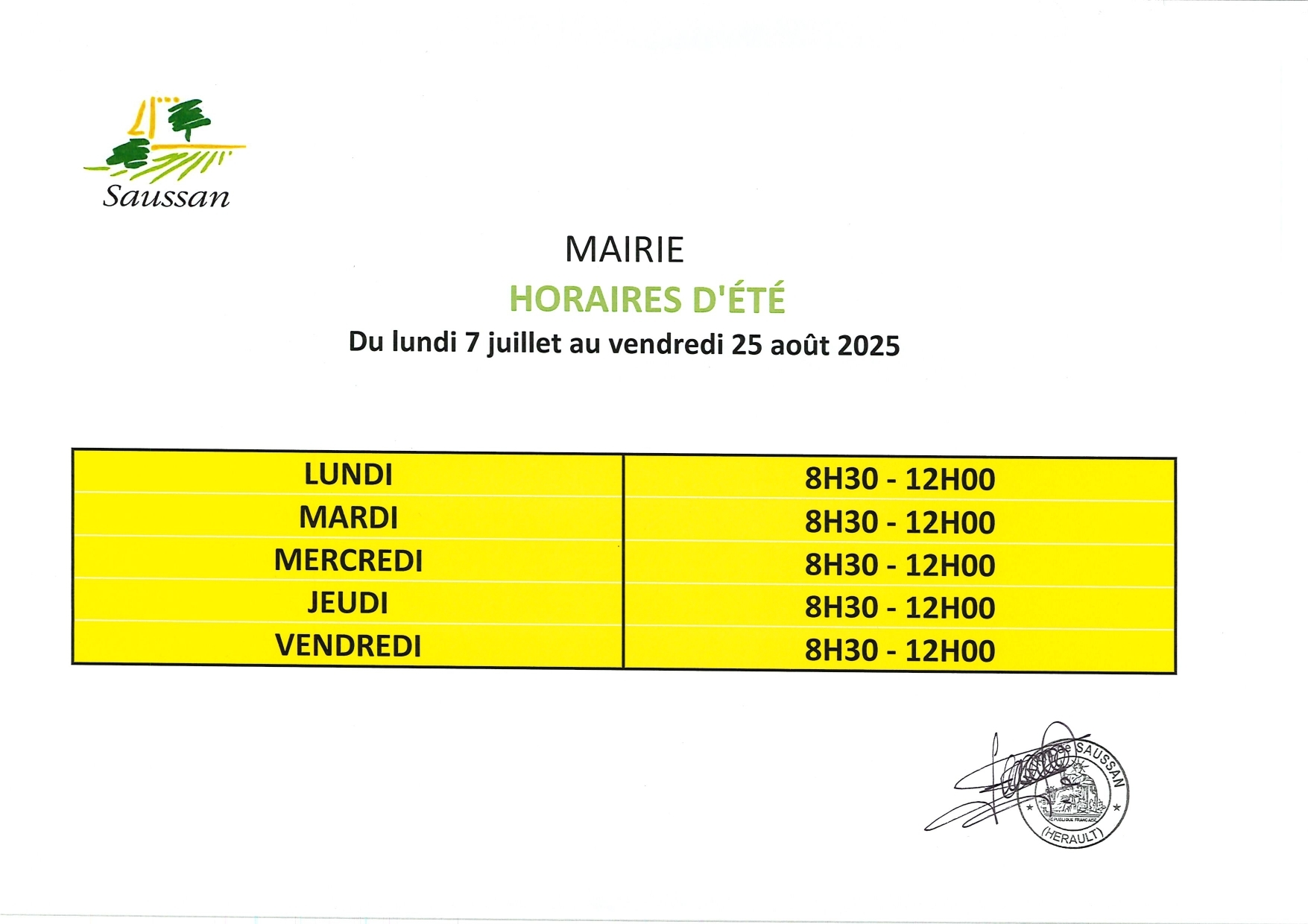 Horaire mairie été 2025