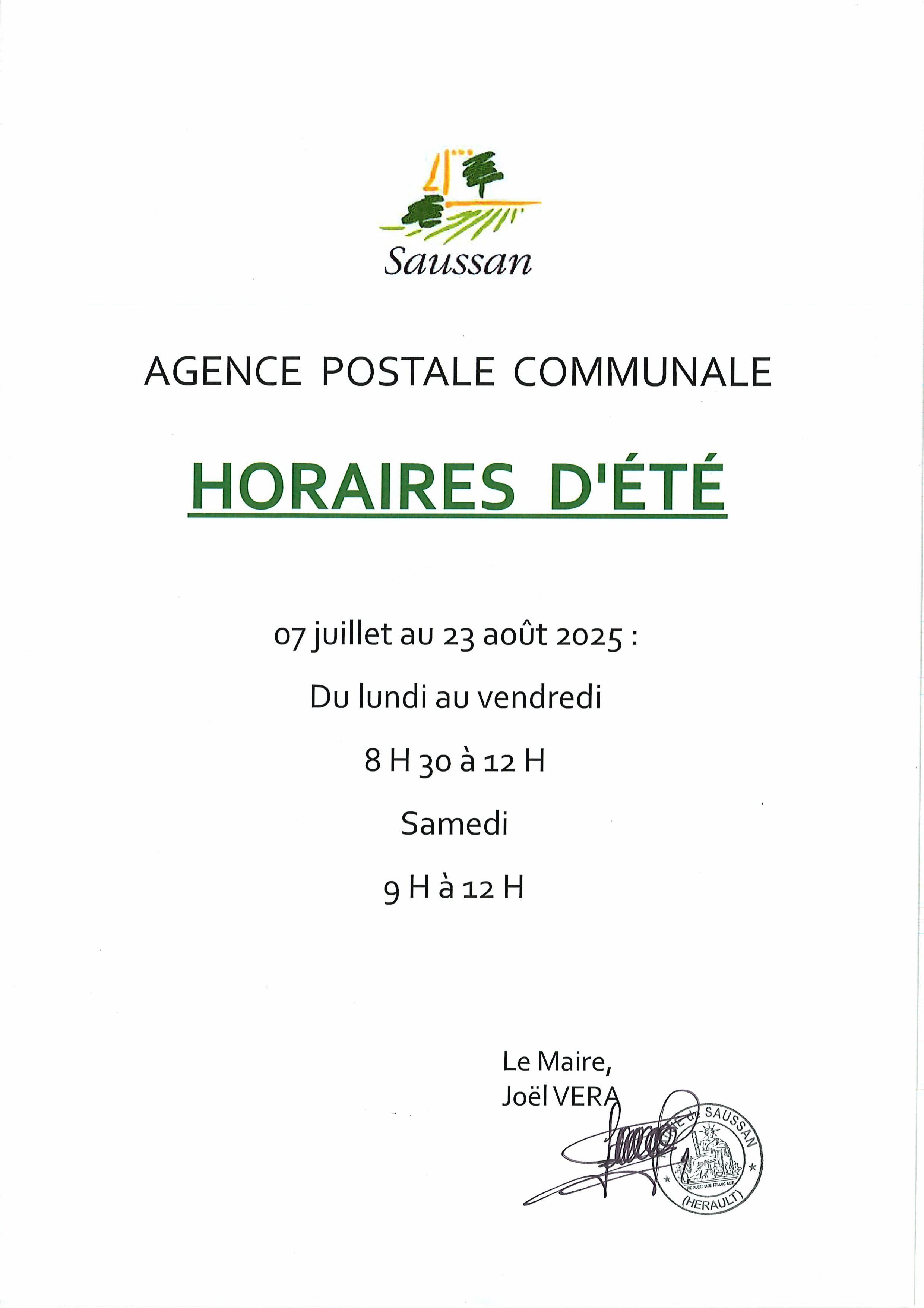 Horaires été 2025
